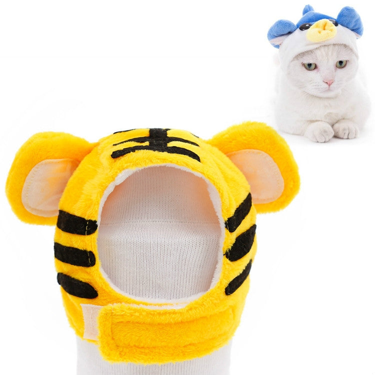Yellow tiger pet hat with black stripes and rounded ears