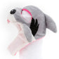Gray shark-style pet head cover with black open mouth shape and pink edge trim.