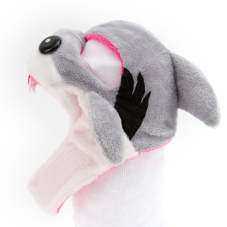 Gray shark-style pet head cover with black open mouth shape and pink edge trim.