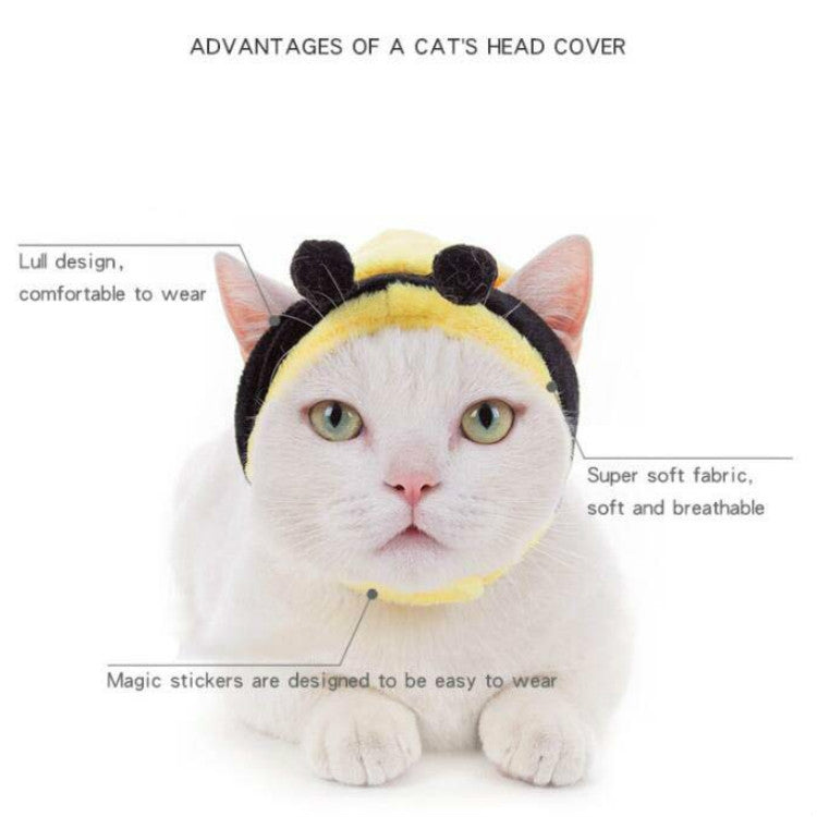 Yellow bee pet head cover with black stripe hood and soft chin strap.