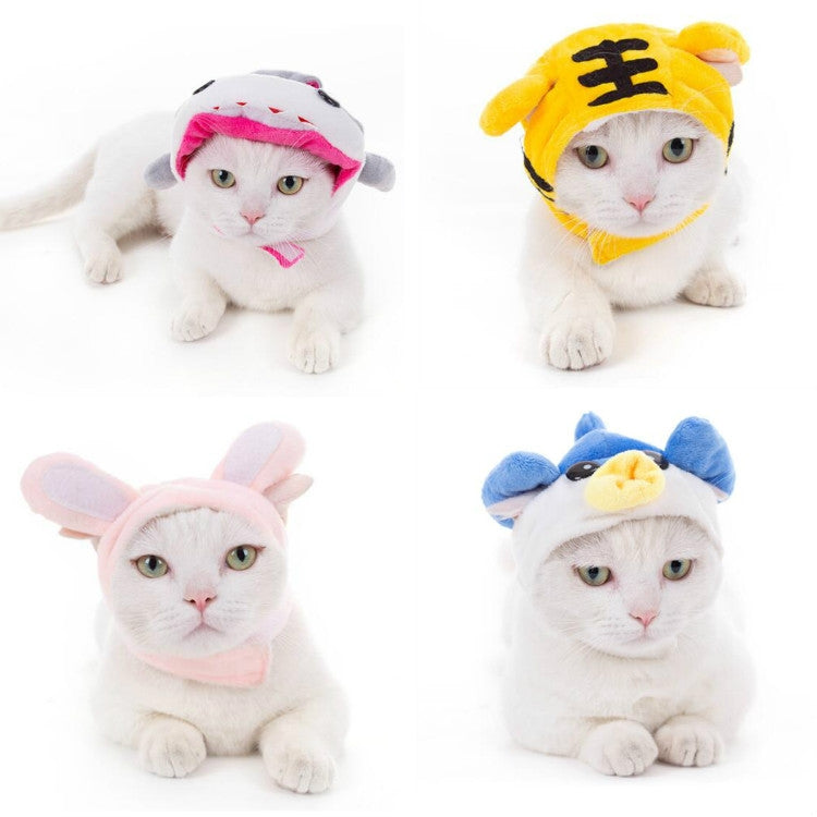 Assorted pet headgear hats on cats, including rabbit, shark, and animal hood styles.
