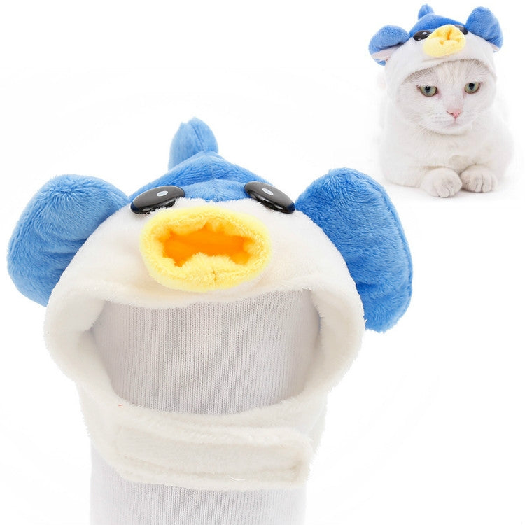 Blue plush duck-style pet hat with yellow beak detail and gray knit opening
