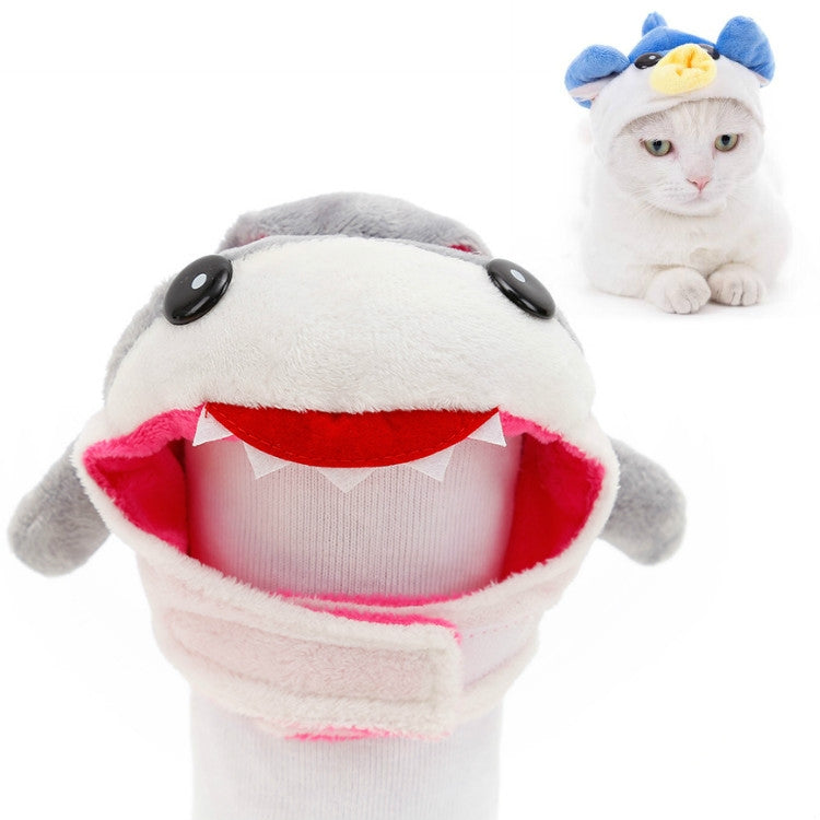 Gray shark plush pet hat with red mouth lining and black eye buttons