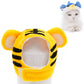 Tiger plush pet hat with yellow faux-fur, black stripes, and open face panel