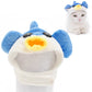 Penguin plush pet hat with blue wings, white belly, and open face panel