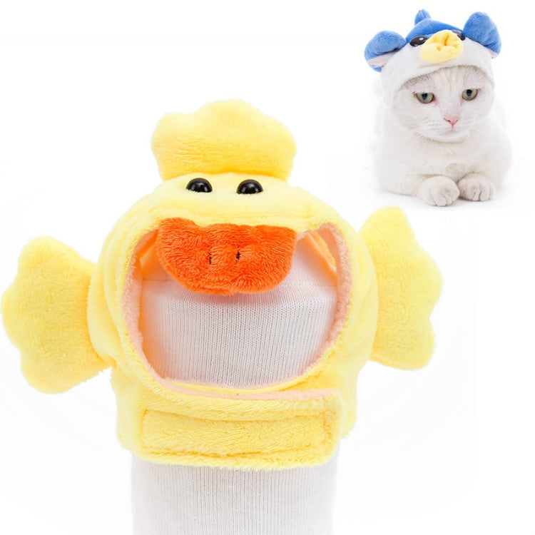 Duck plush pet hat with yellow body, orange beak, and open face panel