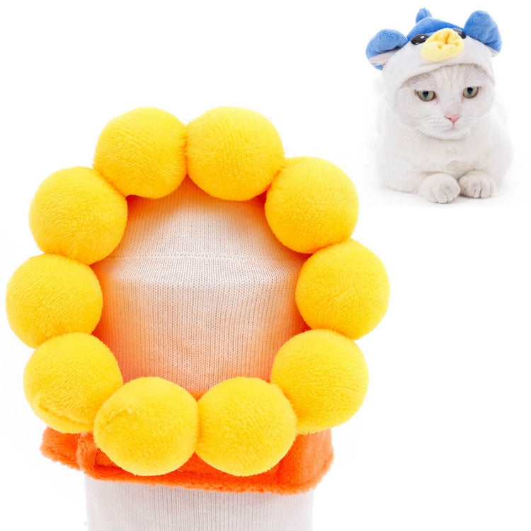 Yellow duck plush pet head cover with round padded brim and orange bottom trim.