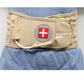 Khaki inflatable waist brace worn on model with red cross emblem and air tube