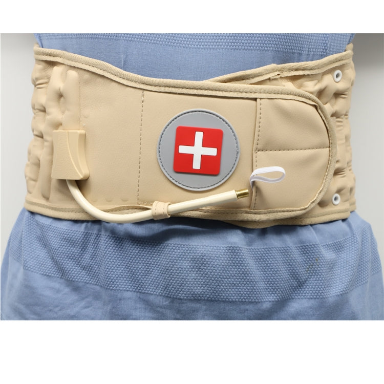 Khaki inflatable waist brace worn on model with red cross emblem and air tube