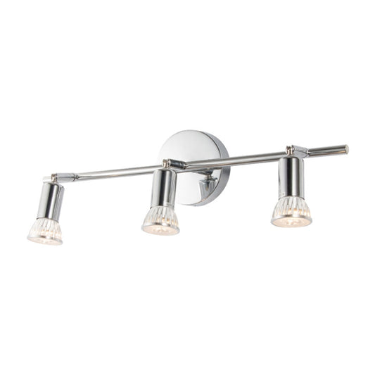Ceiling-mounted LED spotlight bar with three chrome adjustable heads, mirror backplate