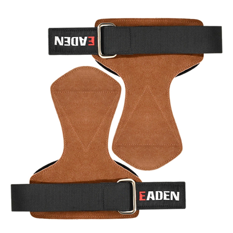 Brown suede wrist assist pull-up gloves with black webbing straps and metal buckles