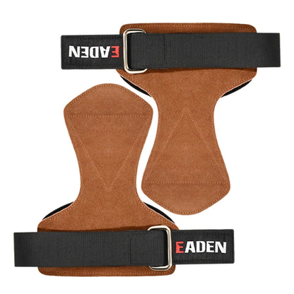 Brown suede wrist assist pull-up gloves with black webbing straps and metal buckles