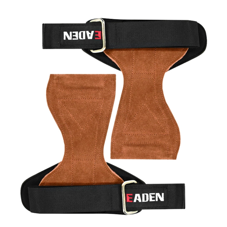 Brown suede wrist assist gloves with black straps, EADEN logo patch, and metal buckles