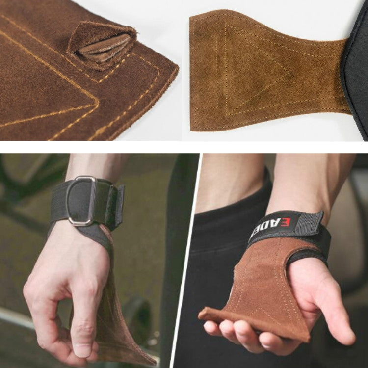 Close-up of brown suede glove panel with black strap, showing padded wrist support
