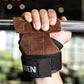 Brown suede hand-grip wrist assist gloves with black strap and EADEN logo on bar