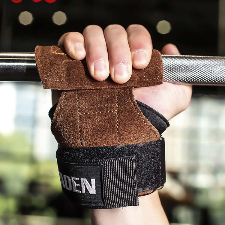 Brown suede hand-grip wrist assist gloves with black strap and EADEN logo on bar