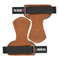 Brown suede wrist braces with black webbing cuff and metal buckle for pull-ups
