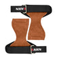 Brown suede wrist braces with black webbing cuff and EADEN logo strap