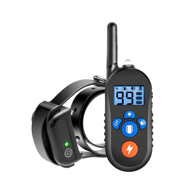 Black remote training collar set with handheld LCD controller and collar strap