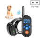 Dog wearing black remote training collar with handheld LCD controller