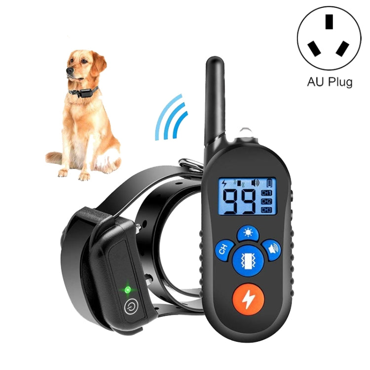Dog wearing black remote training collar with handheld LCD controller and buttons