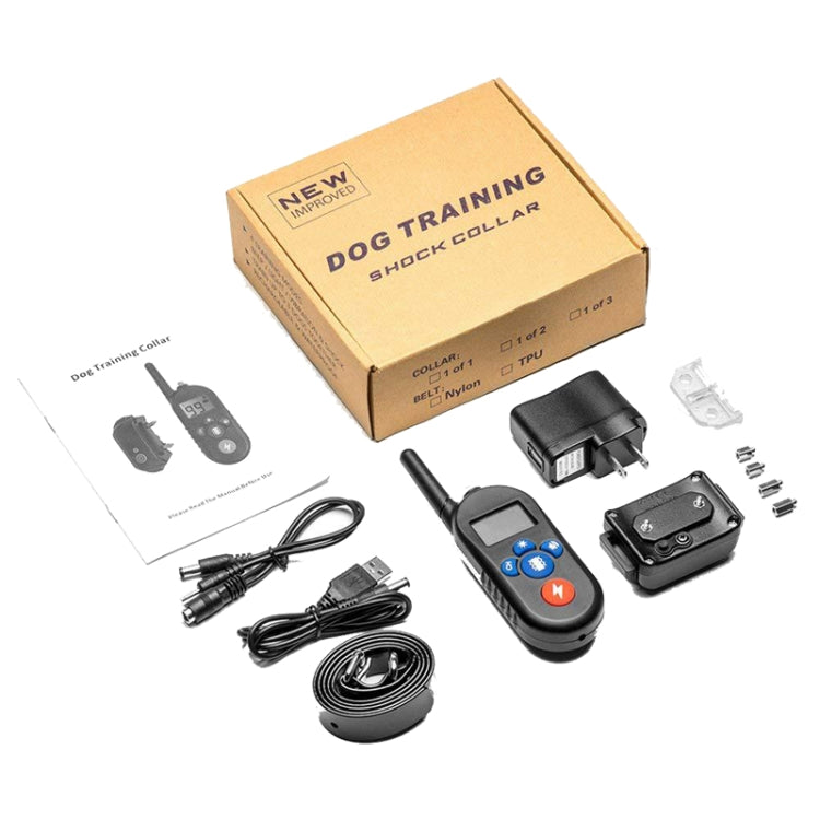 Dog training shock collar kit box with remote, receiver, and charging accessories