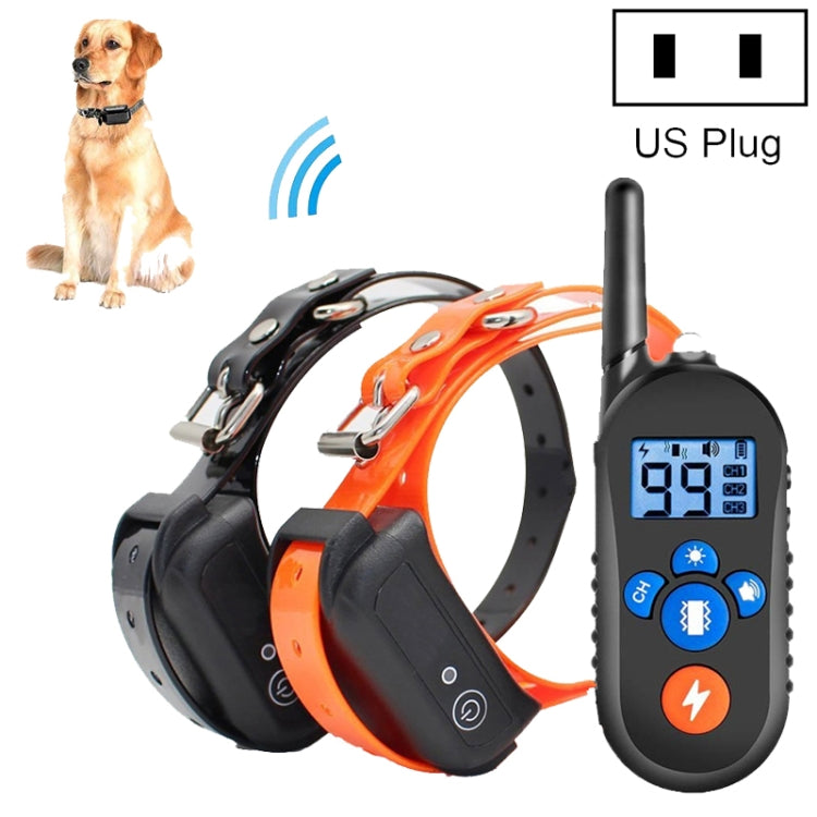 Dog training collar set with orange strap, black receiver, and handheld LCD remote