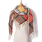 Plaid fringed scarf in red, brown, and beige with black check and tassels