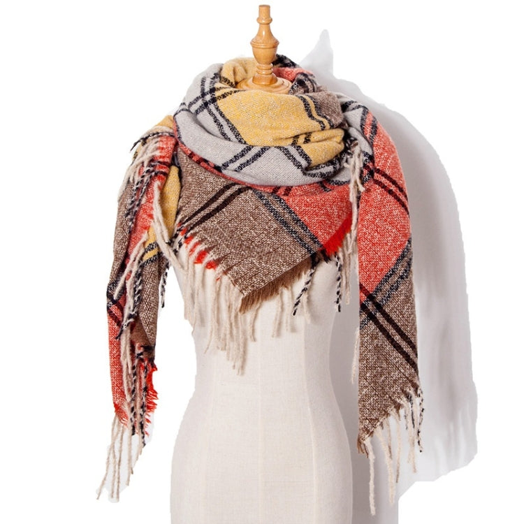 Plaid fringed scarf in red, brown, and beige with black check and tassels