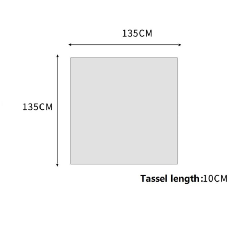 Fringed square scarf size diagram: 135 cm and 10 cm tassel length