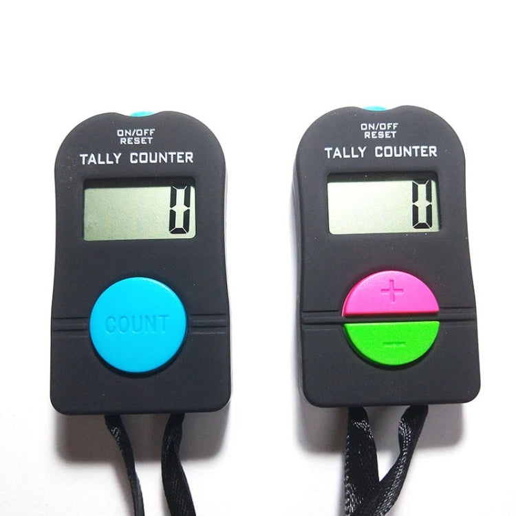 Pair of black manual tally counters showing digital LCD display and plus/minus buttons