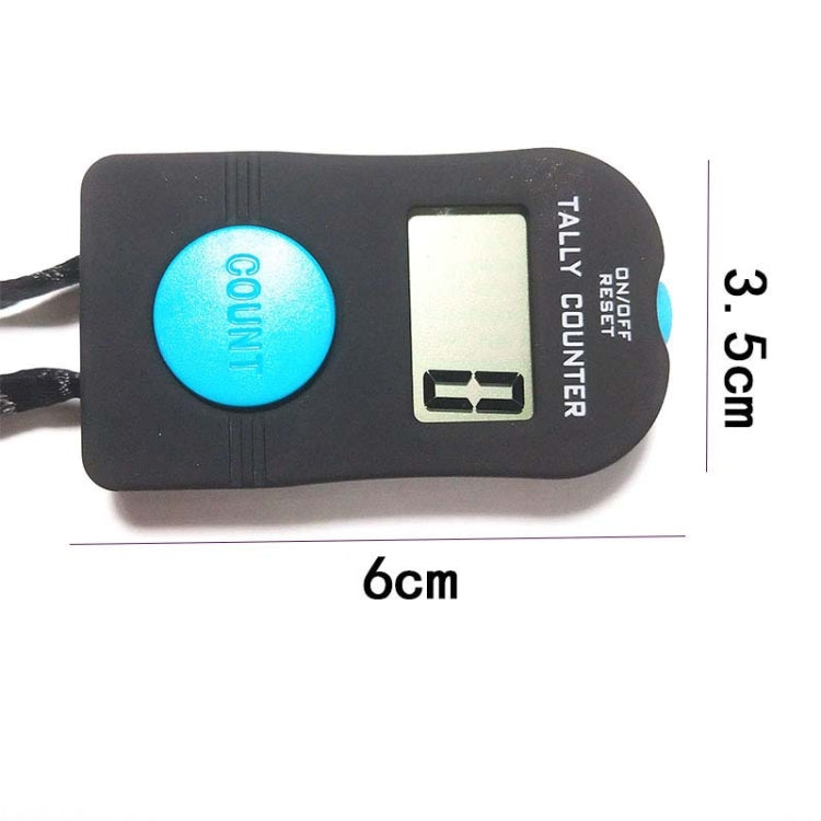 Black handheld tally counter with lanyard and side view showing count and total add icon