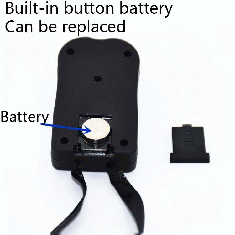 Black manual tally counter underside showing removable battery compartment and coin cell