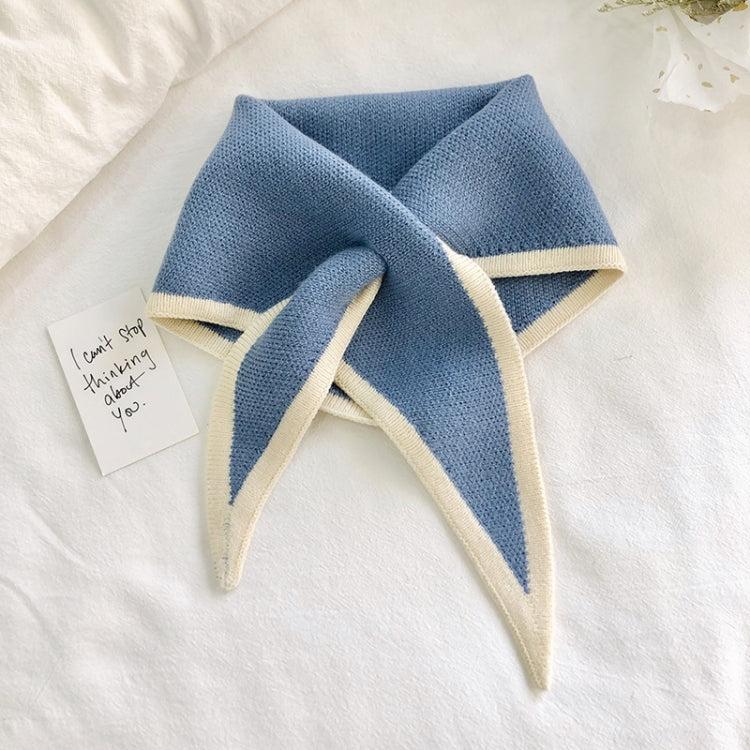 Two-color knitted wool mini triangle scarf, light blue with cream trim and pointed ends