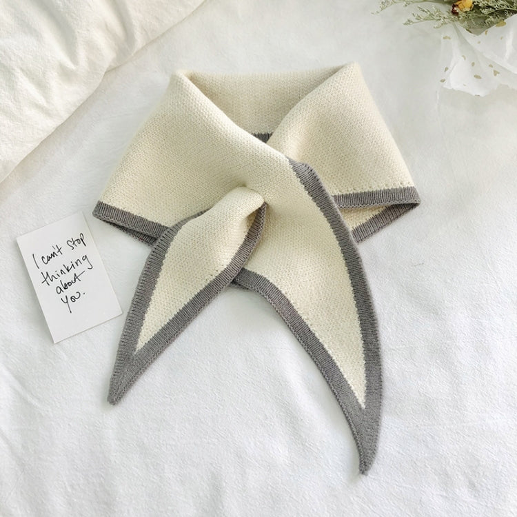 Two-color knitted wool mini triangle scarf, cream with gray trim and pointed ends