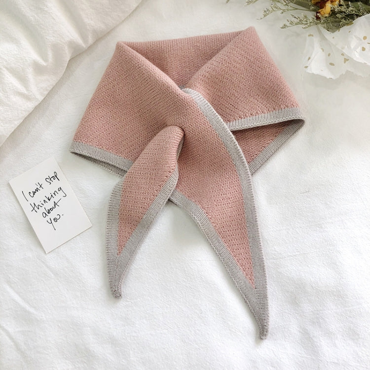 Two-color knitted wool mini triangle scarf, dusty pink with light gray trim and pointed ends