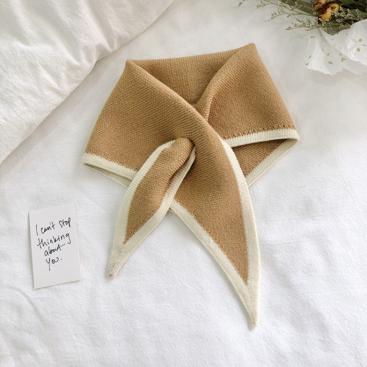 Two-color knitted wool mini triangle scarf, tan with cream trim and pointed ends