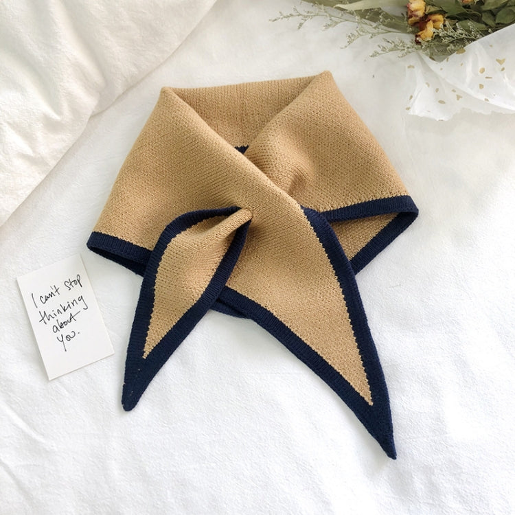 Two-color knitted wool mini triangle scarf, beige with navy trim and pointed ends