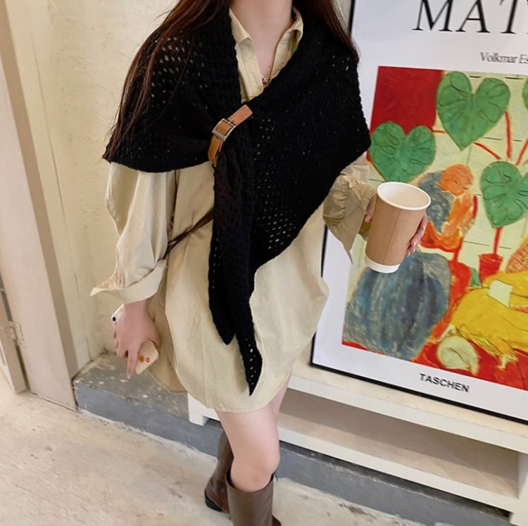 Black knitted split triangle shawl scarf with leather buckle strap