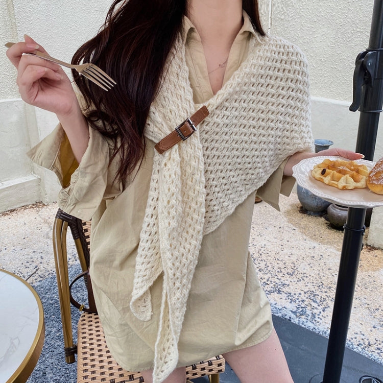 Cream knitted triangle shawl scarf with leather buckle strap detail