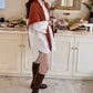 Rust orange knitted split triangle shawl scarf with leather buckle strap