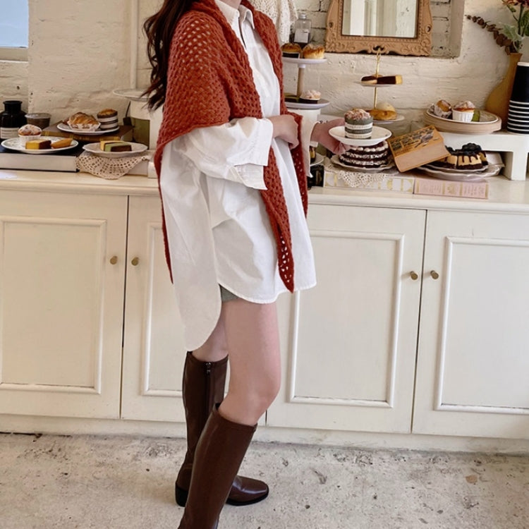 Rust orange knitted split triangle shawl scarf with leather buckle strap