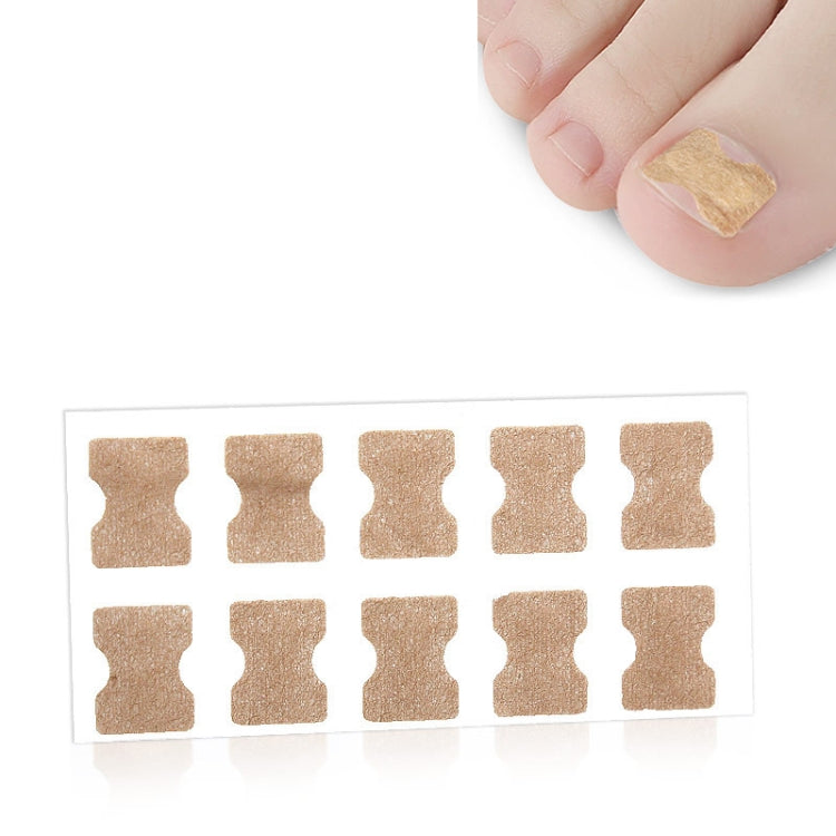 Toe nail correction patch sticker applied on toenail, beige square with finger