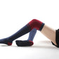 Wine red over-the-knee five-toe yoga socks with navy and red contrast bands