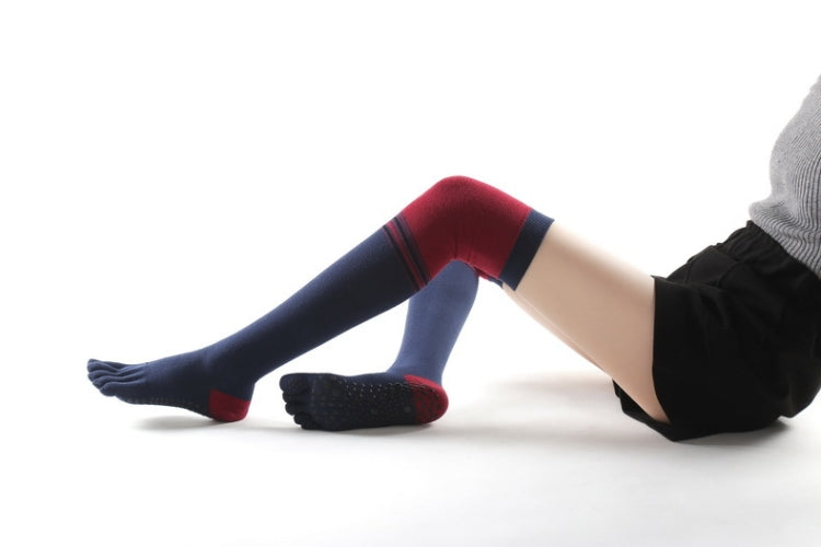 Wine red over-the-knee five-toe yoga socks with navy and red contrast bands