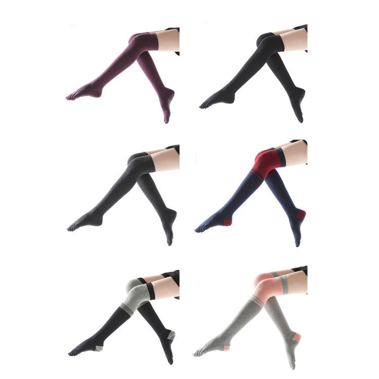 Over-the-knee five-toe yoga socks shown in multiple colors and stripe accents
