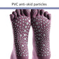 Close-up of wine red five-toe yoga socks with anti-slip dot grip on the foot