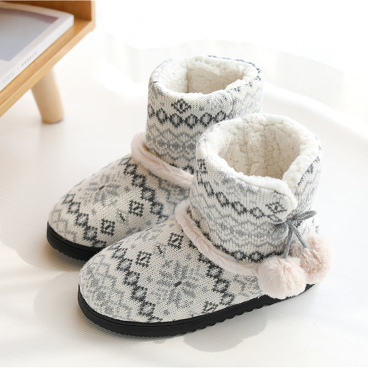 Winter knit high-top slippers, light gray Fair Isle pattern, fleece lining, thick sole