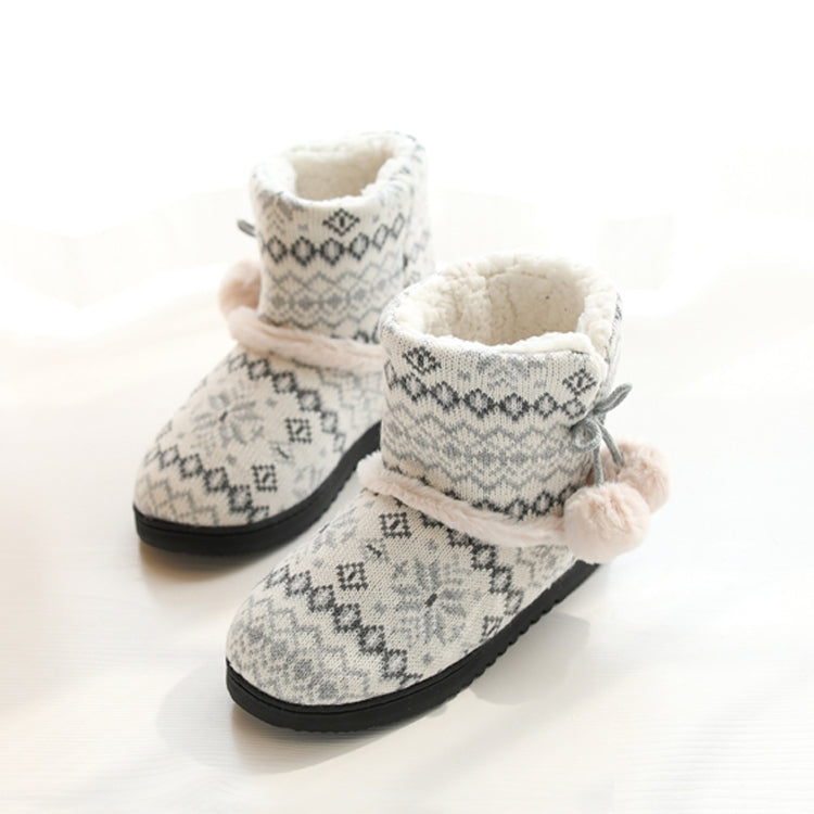 Winter knit high-top slippers, light gray patterned knit, plush lining and cuff, thick sole