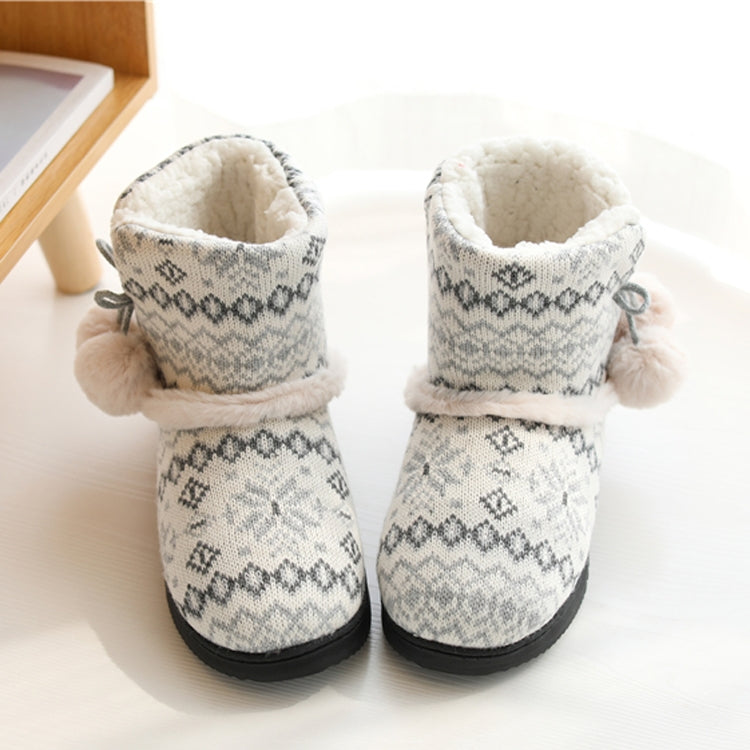 Winter knit high-top slippers, light gray Fair Isle, bow detail at cuff, thick sole